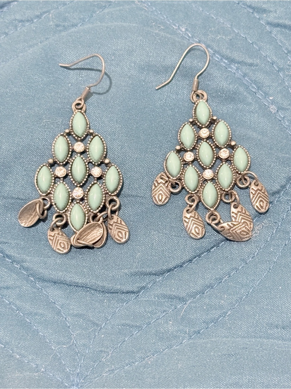 Mint Green Dangle Earrings with Silver Accents - Women Jewelry